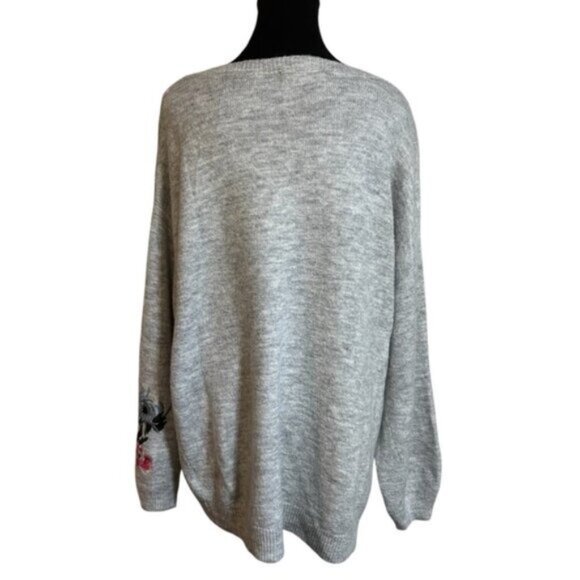 H&M Women Large Floral Embroidered Grey Sweater Cottagecore Boho Soft Wool Blend - Picture 2 of 9
